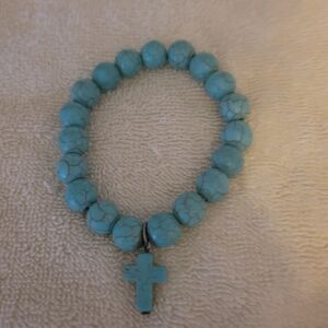 Faux Turquoise Beaded Bracelet with Cross Charm